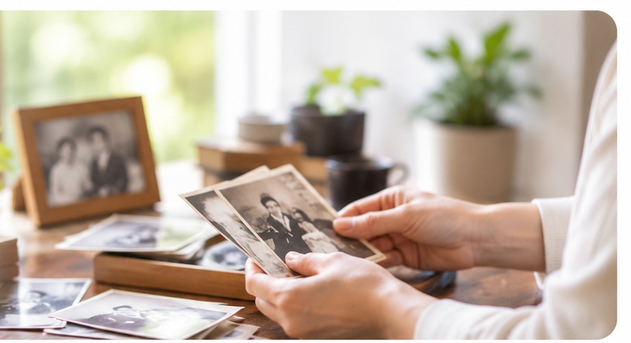写真や思い出の品を整理するイメージ
